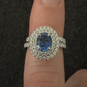 Blue sapphire, diamond, platinum ring set